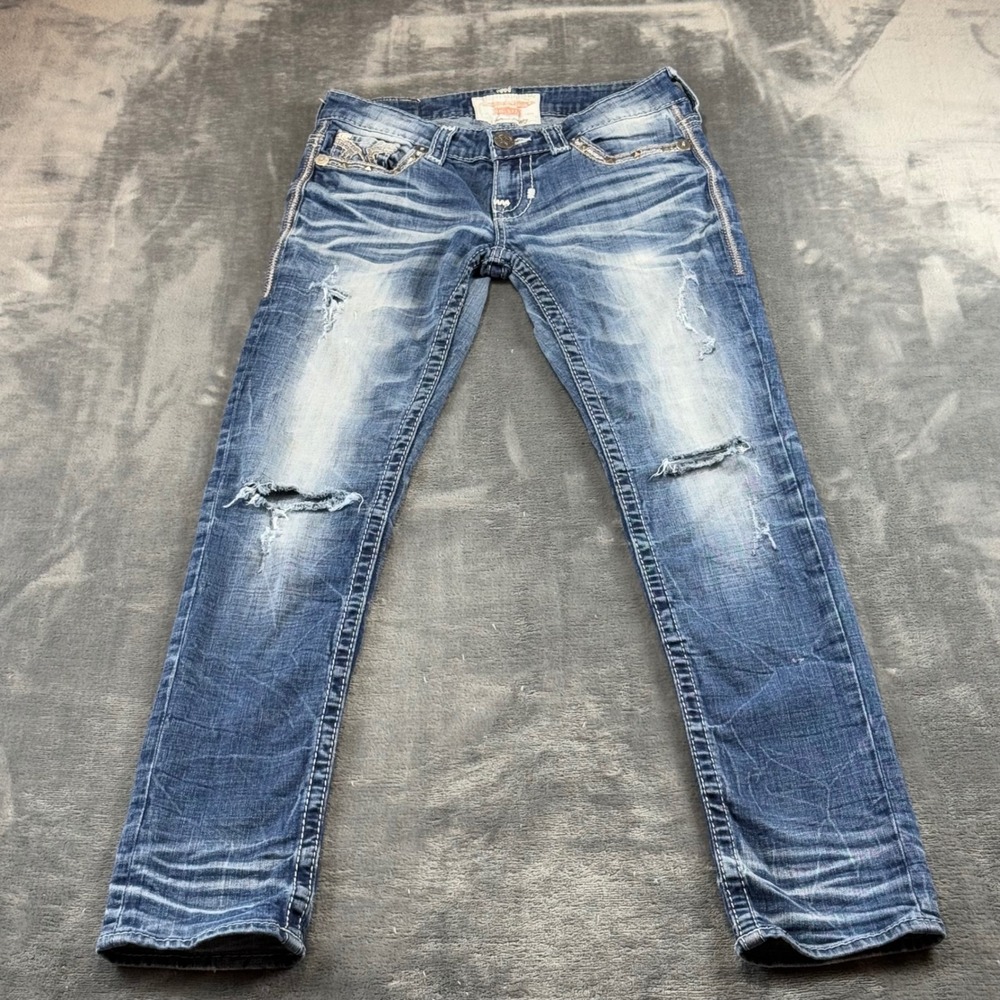Big Star Sweet Skinny Jeans Womens 28R Distressed Embellished Low Rise Blue